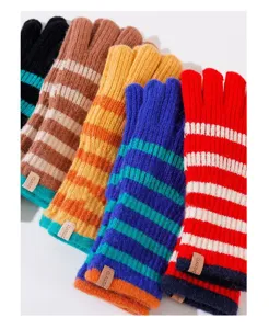 Colorful striped knitted warm gloves for women winter fashion outdoor cycling daily wear.