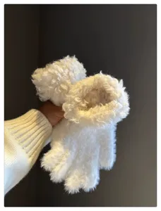 White fluffy winter gloves for women, thick plush fuzzy split finger warm gloves daily wear