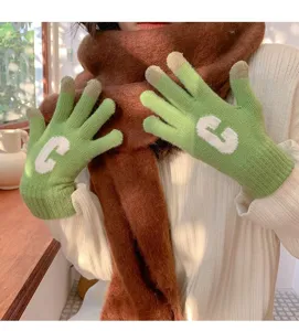 Green knit gloves for women winter warm touchscreen cute candy color letter C knitted gloves
