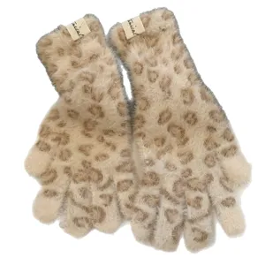 Women winter fuzzy leopard print knit gloves touchscreen warm thermal five finger mittens