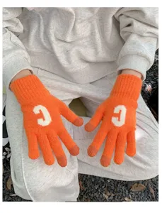 Knit touchscreen gloves with letter C, thick warm winter thermal gloves for women and girls.