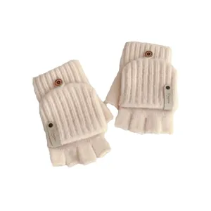 Women winter wool warm knitted half finger flip top gloves cute writing convertable mittens