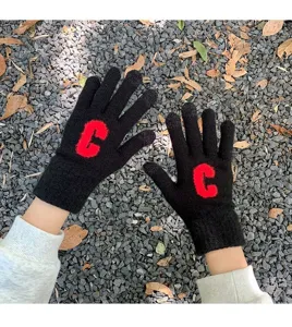 Women thick knit winter gloves with red letter C design, cozy warm wool handwear.
