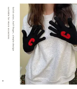 Black half-finger knitted gloves with red letter C, warm winter cute wool gloves.