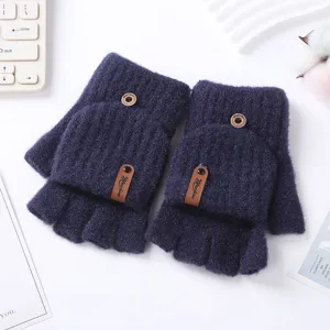 Winter warm knit convertible half-finger gloves for women, fleece thermal typing mittens.