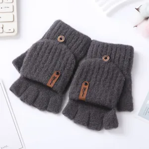 Dark grey knitted convertible half-finger gloves for women, winter warm cute student style.