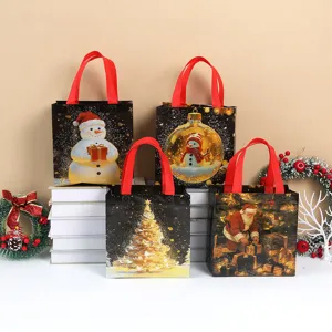 Thickened Non Woven Christmas Gift Bag Black Background Santa Snowman Festive Handbag Holiday Party Present Packaging Bag