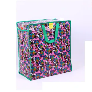 Gran bolsa de almacenamiento impermeable con cremallera y asas verdes, vista detallada.