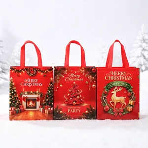 Christmas Gift Bag Festive PP Tote Bag Christmas Tree Deer Fireplace Pattern Holiday Party Present Packaging Bag