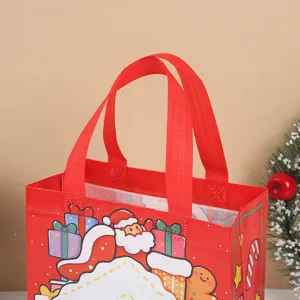 Red Christmas non-woven tote bag with cute Santa and gift prints for holiday gift packaging.