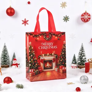 Christmas gift tote bag detail shot showing festive fireplace and tree print design clearly.