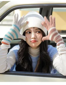 Women winter knitted striped touchscreen gloves warm fashion outdoor student style gloves