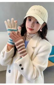 Women winter knitted striped fingerless gloves warm touch screen long arm warmers style.