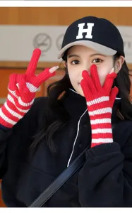 Red white striped fingerless knit gloves winter warm long touchscreen gloves for women.