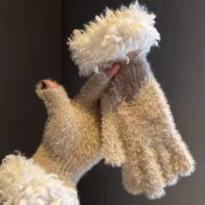 Camel plush fingerless gloves winter warm cute knitted half-finger gloves for women.