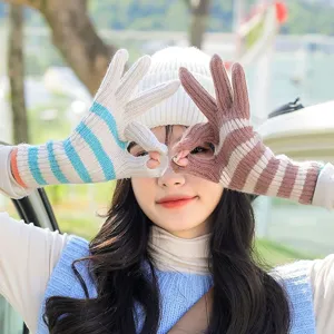 Winter Warm Knitted Gloves Women Long Striped Fingerless Touch Screen Gloves Fashion Casual Knit Arm Warmers