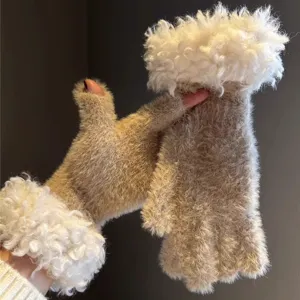 Korean cute winter plush fingerless gloves, thickened warm knit mittens with fluffy cuffs.