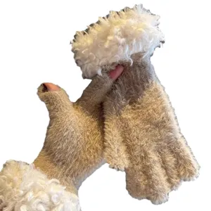 Camel fluffy fingerless winter gloves with white shearling cuffs for women warm knit.