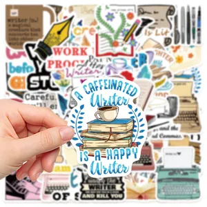Detailed close-up of creative writer themed decorative stickers, perfect for journals and laptops.