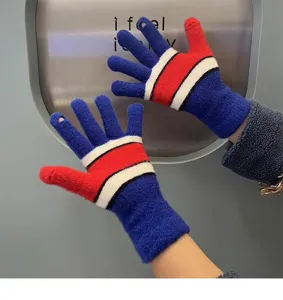 Winter warm knit gloves touchscreen fingerless design blue red white stripes couple style