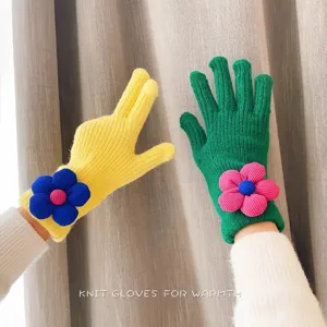 Cute floral knit touch screen gloves for women, warm winter thermal fleece lined hand wear.