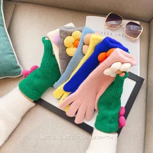 Colorful knit gloves for women winter warm fingerless gloves cute sunflower knit gloves