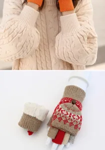 Winter women knit flip-top fingerless gloves with plush lining and Nordic pattern warm.