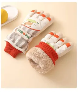 Kids winter waterproof warm ski gloves with fleece lining and cute design for outdoor snow.