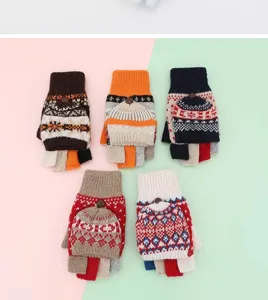 Winter women knit convertible fingerless gloves warm thermal flip top cozy mittens set