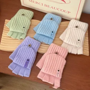 Women winter knit convertible half finger gloves warm fleece lined cute thermal mittens