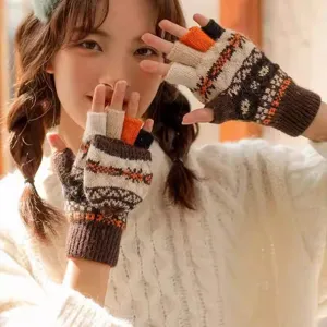 Women Winter Thermal Warm Flip Fingerless Knit Gloves Fleece Lined Polyester Geometric Pattern Cold Weather Gloves