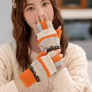Winter warm convertible fingerless knit gloves for women cute style thick fleece lined