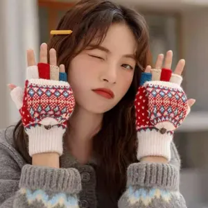 Winter warm half-finger flip gloves for women, cute knitted nordic pattern windproof.