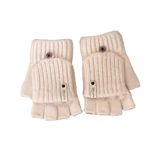 Women's winter warm knitted convertible half-finger gloves, fleece-lined for cold writing.