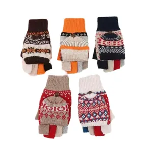 Winter knit convertible fingerless gloves for women, warm fleece-lined cute thermal winter mittens for typing.
