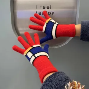 Winter warm knitted gloves for women, colorful geometric block design, windproof touch screen.
