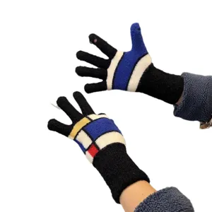 Colorblock knit touchscreen gloves for women winter warm fingerless thermal mittens