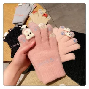 Winter cute bear plush touch screen women knit gloves warm thick cold proof gloves
