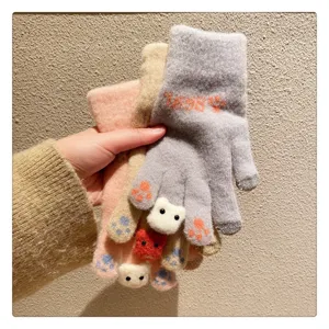 Women winter cute bear knitted touchscreen gloves warm thick fleece lined outdoor riding gloves