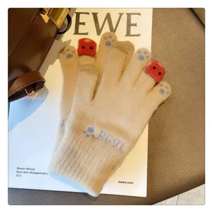 Cute bear paw knit gloves for women winter warm touch screen mittens detail view