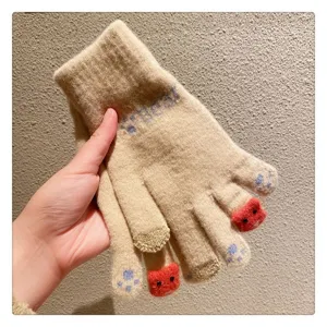 Cute bear knitted gloves for women winter warm touch screen knit gloves outdoor casual wear