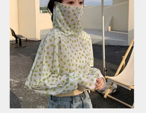Detailed view of women sun protection shawl face cover, UV block outdoor riding apparel.