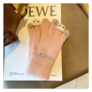 Women winter cute pink knit touchscreen gloves with cute bear paw plush 3d design warm