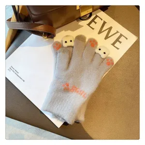 Winter warm knit touch screen gloves with cute bear and paw embroidery for women