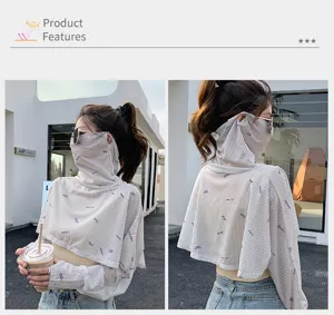 Sun protection cape with sleeves and face mask, lightweight breathable fabric, grey stripes.