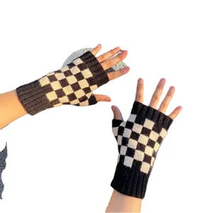 Guanti senza dita in maglia a quadri nero e bianco autunno inverno caldi