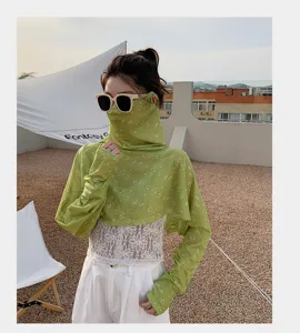 Summer sun protection bolero shawl with integrated face mask and sleeves for outdoor cycling UV.