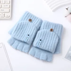 Light blue knit fingerless gloves detail view, winter warm convertible half-finger mittens for typing.