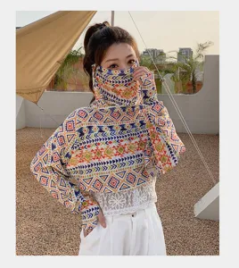 Women sun protection shawl geometric print outdoor UV block face cover sleeves top apparel