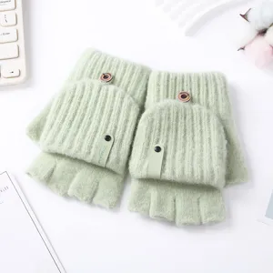 Light green knitted convertible fingerless gloves detail, warm winter half-finger mittens.